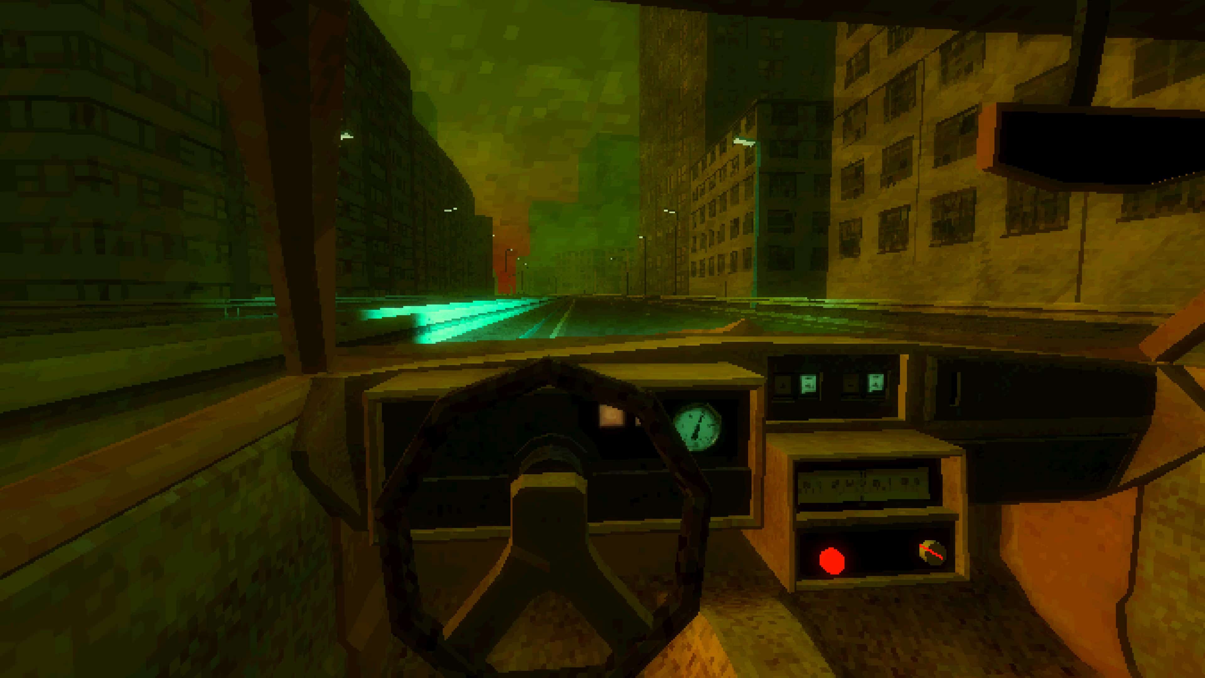 Игрок сидит в салоне машины, которая едет по городу.